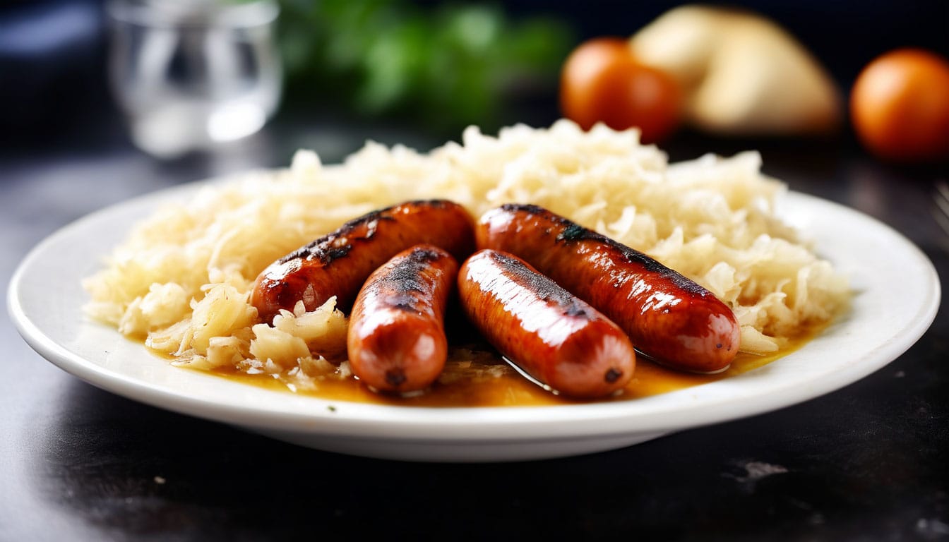 Жареные колбаски с тушёной квашеной капустой (Bratwurst mit Sauerkraut)